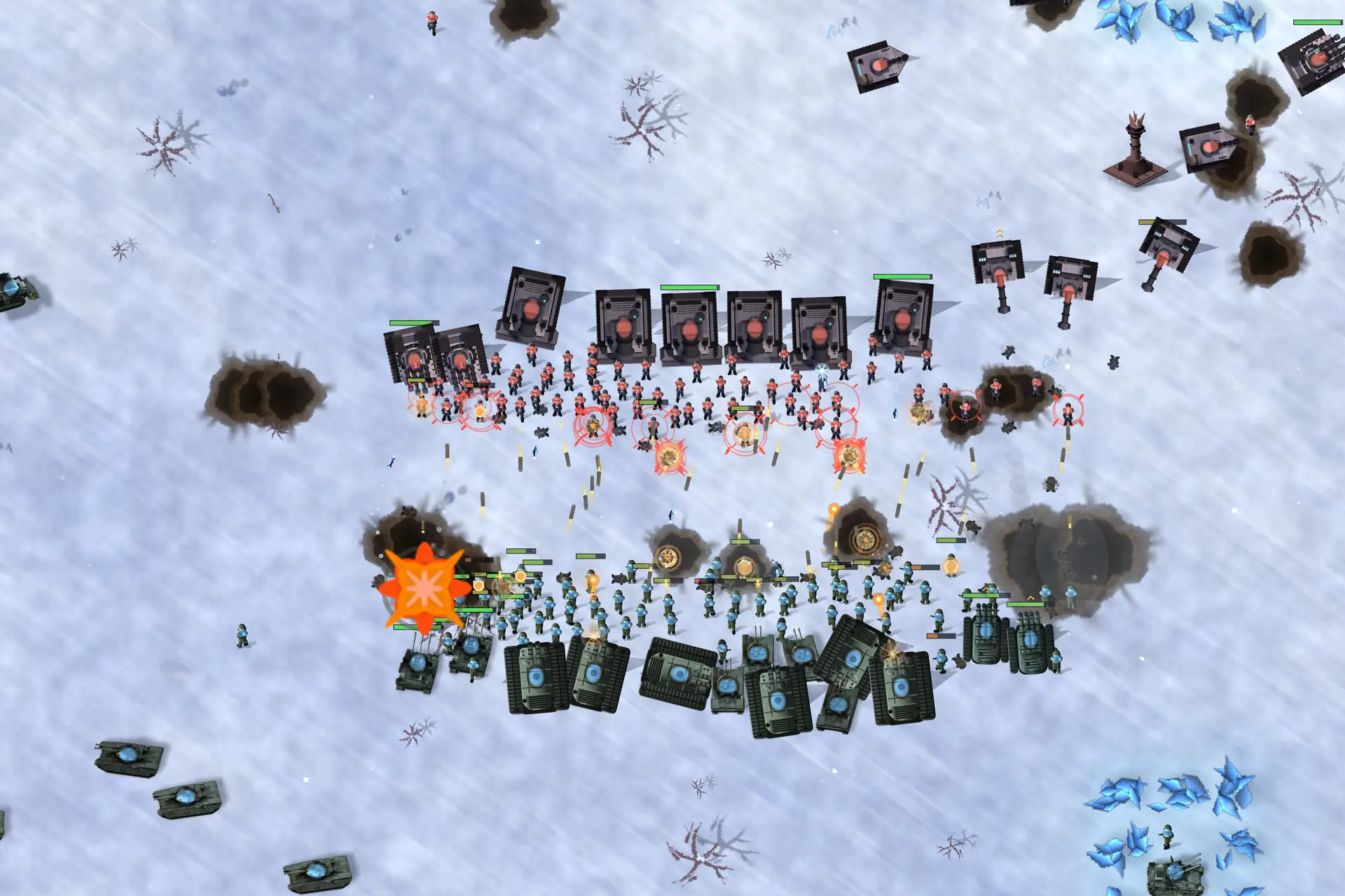 A battle in a blizzard, seen from straight above. Two armies meet across the middle of a snowfield: a rank of dark-hulled tanks with red-marked turrets and a long line of red-marked infantry along the top, a line of blue-marked infantry and a rank of olive tanks along the bottom. An orange starburst explosion goes off at the left end of the contact line, tan tracer rounds hang in the air in the gap between the two lines, red crossed target reticles sit over a dozen soldiers, and small fires burn inside several craters. Green health bars float over the units that have been hit, brown craters and scorch marks are scattered across the snow, blue ore crystals catch the light in both right-hand corners, and a lone spiked tower stands on a square plinth at the upper right. Snow blows diagonally across the whole frame.