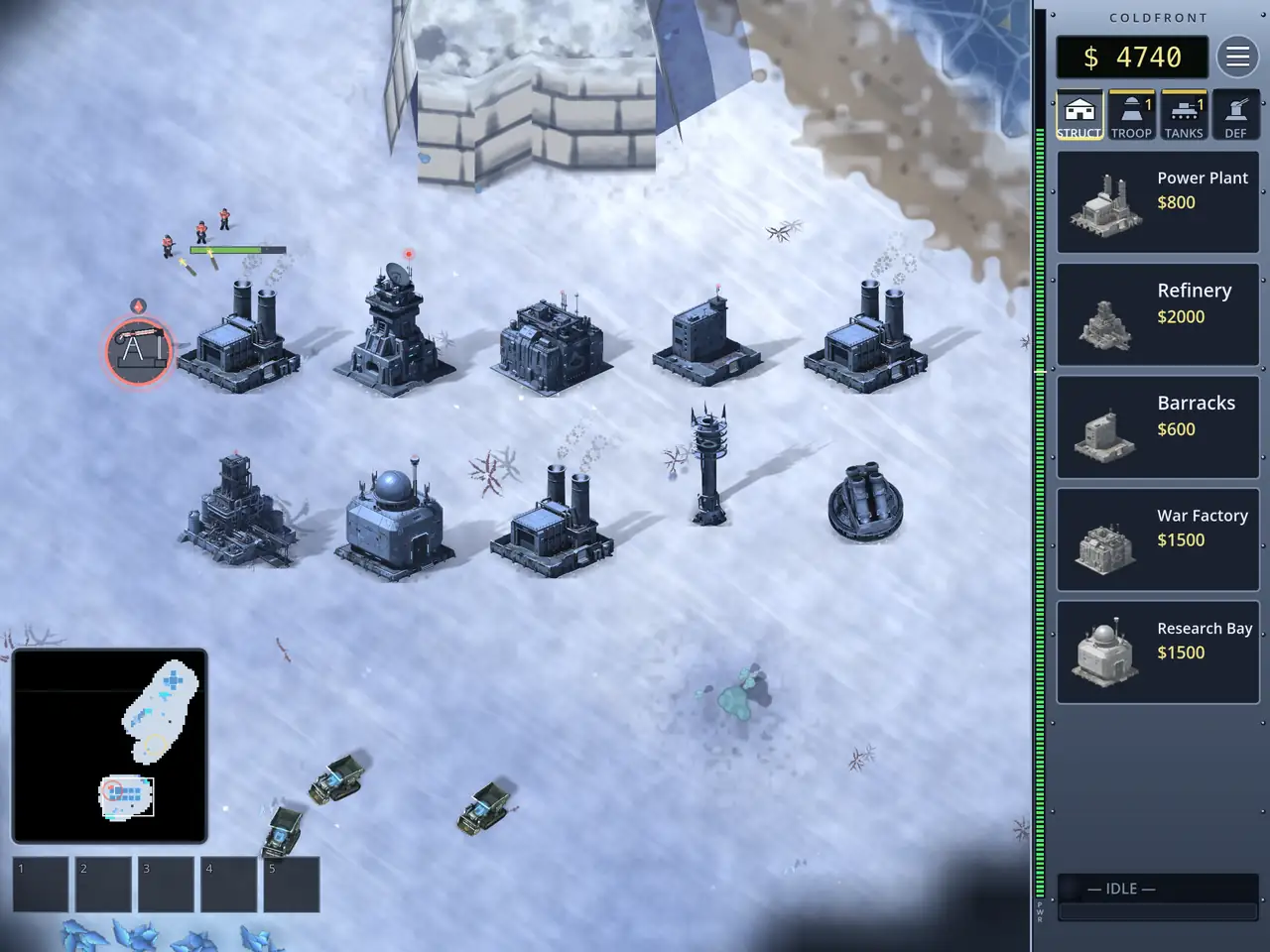 The same game in an iPad&rsquo;s squarer shape. Ten grey-steel buildings stand in two rows on a snowfield under a pale ice wall, each throwing a long shadow; three olive harvesters drive up from a patch of blue ore at the bottom edge; two soldiers and a red alert ring sit off to the left; and the sidebar down the right reads $4740 over the STRUCT tab with Power Plant $800, Refinery $2000, Barracks $600, War Factory $1500 and Research Bay $1500 all affordable, and a small queue badge on each of the TROOP and TANKS tabs.
