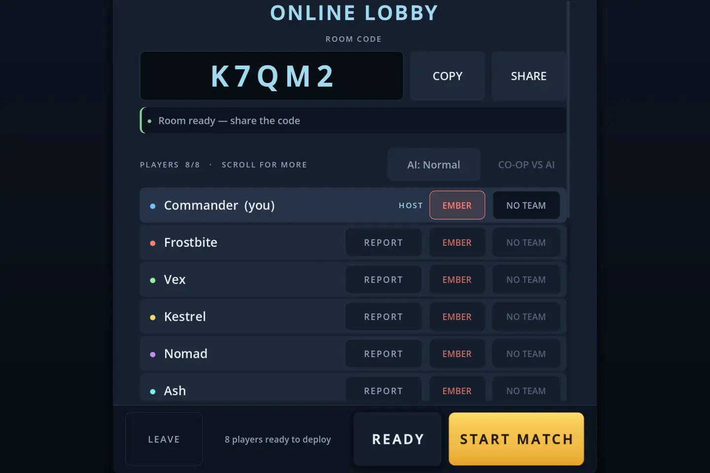The online lobby: a room code reading K7QM2 with COPY and SHARE beside it, a status line reading &ldquo;Room ready &mdash; share the code&rdquo;, and a roster headed &ldquo;PLAYERS 8/8 &middot; SCROLL FOR MORE&rdquo; with AI difficulty and CO-OP VS AI controls beside it. The host&rsquo;s own row is marked HOST and carries a faction and a team button; every other row adds a REPORT button. The bottom bar reads LEAVE, &ldquo;8 players ready to deploy&rdquo;, READY and START MATCH.