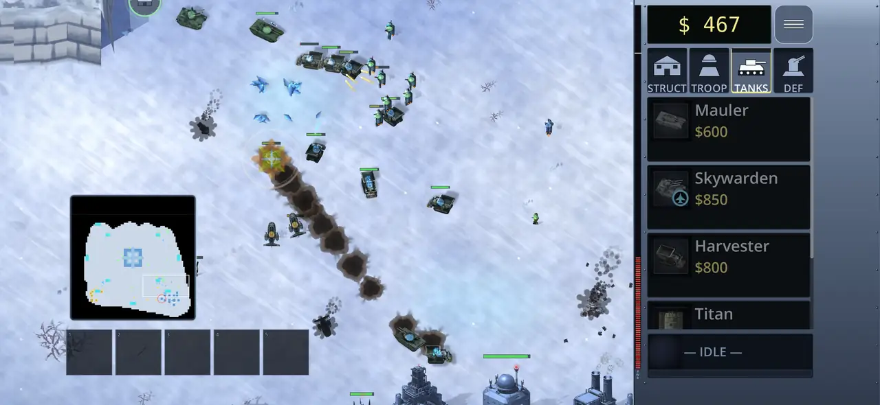 Coldfront at an iPhone&rsquo;s screen size, landscape. Olive-marked tanks and infantry push up the left of the screen past a long line of craters with a burst of fire at its head; blue crystal ore glitters at the top; the corner minimap sits bottom-left with the visible-area box drawn on it; five control-group slots run along the bottom edge; and the right-hand sidebar reads $467 over the TANKS tab, offering Mauler $600, Skywarden $850, Harvester $800 and Titan, with STRUCT, TROOP, TANKS and DEF along the top.